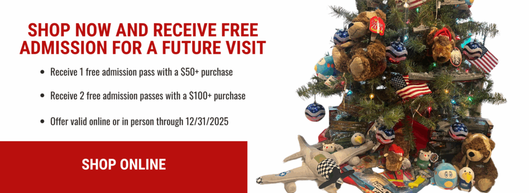 Shop now and receive free admission for a future visit. Receive 1 free admission pass with a $50 purchase. Receive 2 free admission passes with a $100 purchase. Offer valid online or in person through 12/31/2025.